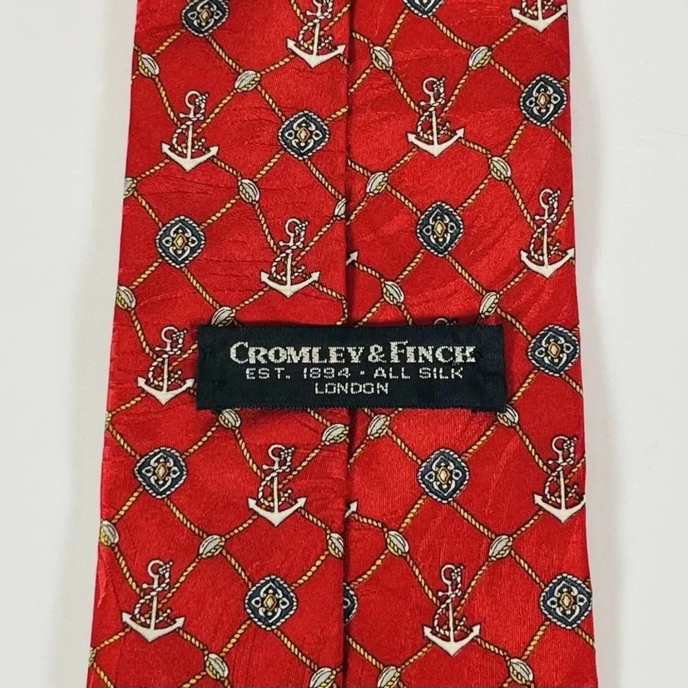 Cromley & Finch 100%‎ Silk Tie Dark Red W/Anchors & Gold Rigging Nautical 3.75